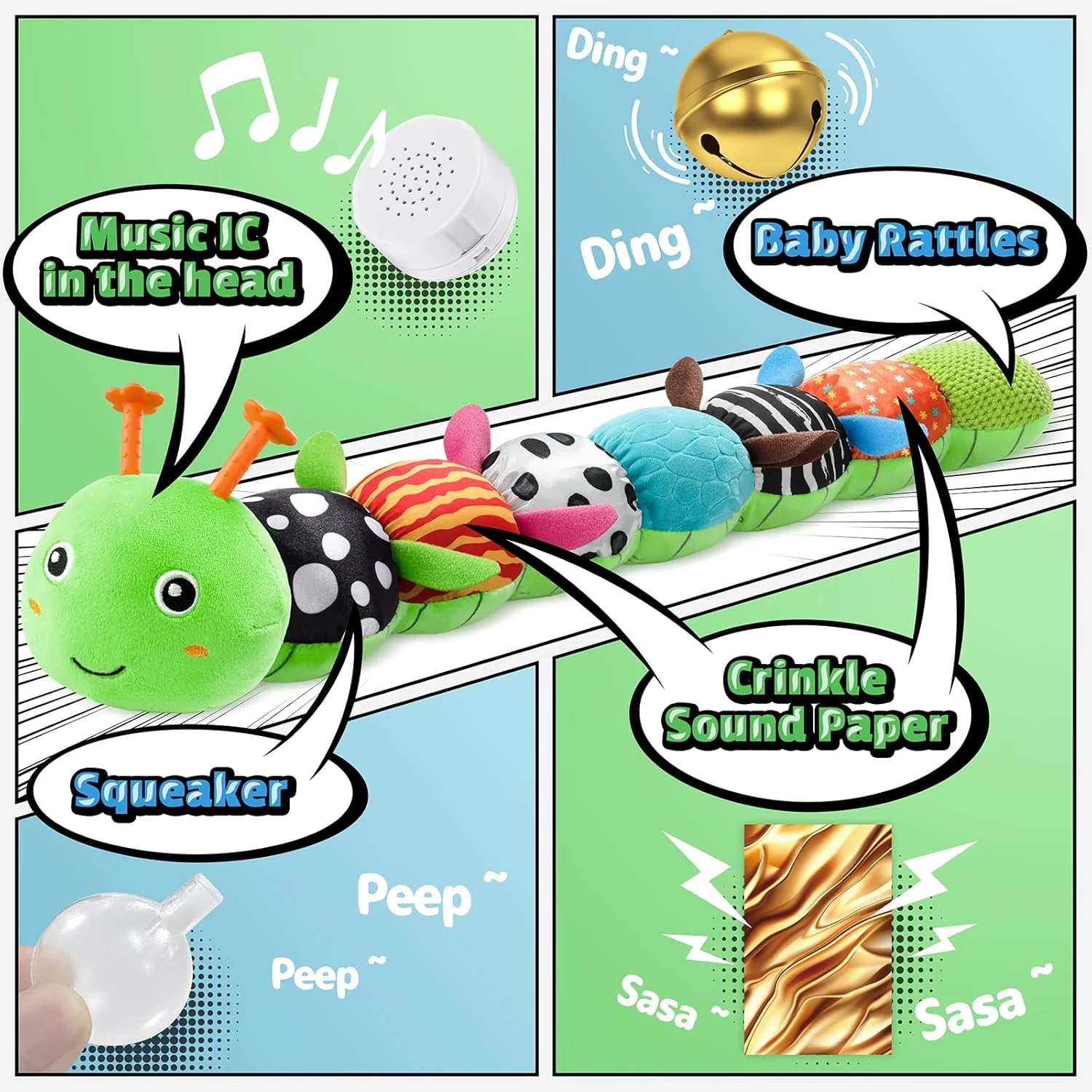 Baby Toys 6-12 Months Musical Caterpillar,Stuffed Animals Infant Toys 0-6 Months Sensory Toy with Ruler Design,Crinkle&Ring Bell,Baby Teething Toys for Tummy Time Boy Girl Gifts